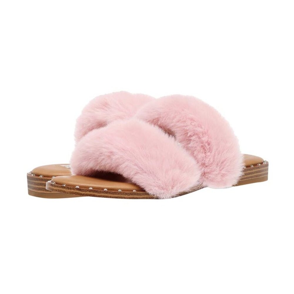 STEVE MADDEN Enite Slide Sandal Pink Faux Fur Furry Slip On Slippers Shoes 8.5
